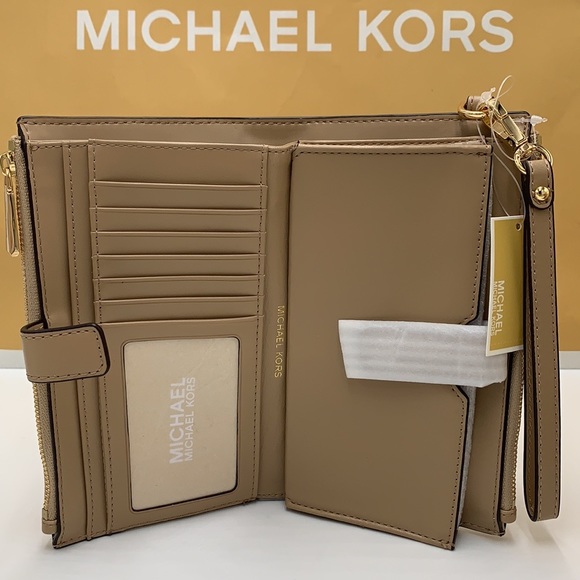 MICHAEL KORS LARGE DOUBLE ZIP WRISTLET WALLET CAMEL MULTI COLOR - Picture 9 of 13